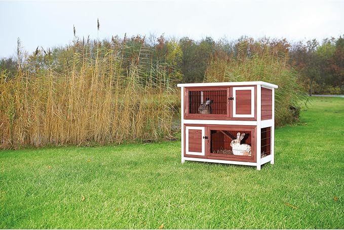 TRIXIE natura Outdoor Double Rabbit Hutch - Indoor Small Animal House, Bunny Cage with Two Sleeping & Play Areas - Includes a Non-Slip Ramp Hinged Roof & Two Pull-Out Trays - in Auburn