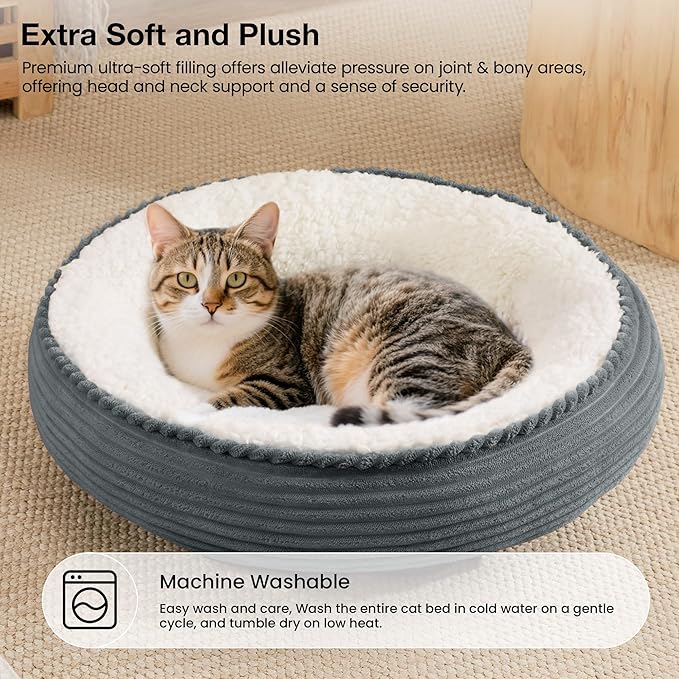 Love's cabin Round Donut Cat and Dog Cushion Bed, 20in Pet Bed for Cats or Small Dogs, Anti-Slip Water-Resistant Bottom, Super Soft Durable Fabric Pet beds, Washable Cat Dog Bed Stripe Bluish Grey