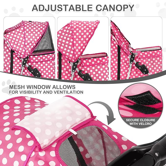 MoNiBloom 3 Wheels Pet Dog Cat Stroller for Small Medium Dogs Cats, Foldable Jogger Stroller w/Storage Basket and Cup Holder, Hot Pink Polka Dots