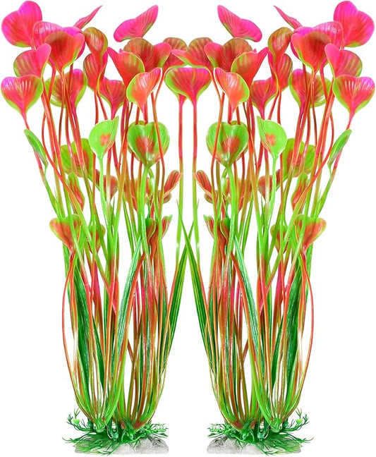 AQUANEAT Artificial Fish Tank Plants, Plastic Aquarium Accessories Large, 15.5 inch Pink Decorations, 2pcs