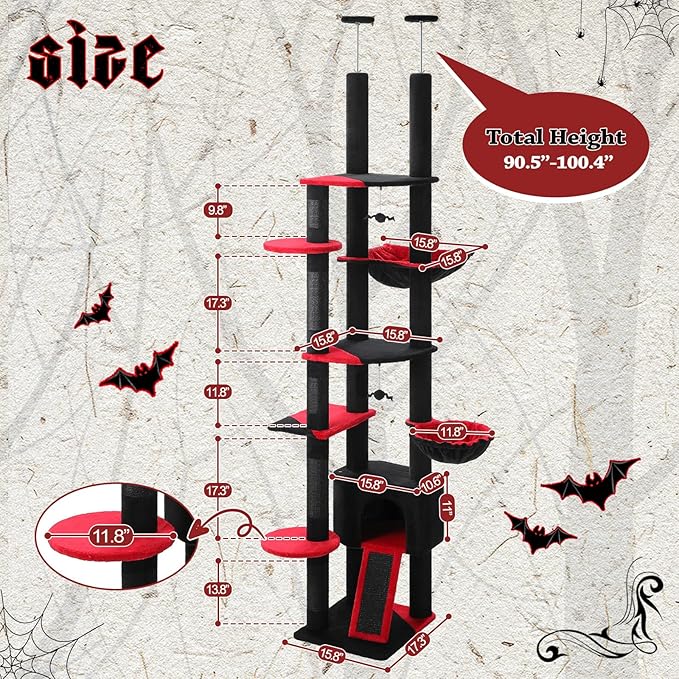 PEQULTI Tall Cat Tree, Floor to Ceiling Cat Tree Tower Adjustable [90.5''-100.4''=230-252CM] with Cat Condo, Hammock and Scratching Post, Gothic Cat Climbing Tree for Indoor Large Cats, Black