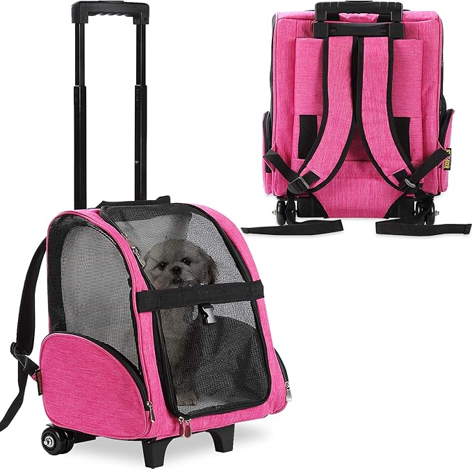 KOPEKS Deluxe Backpack Pet Travel Carrier with Double Wheels for Pets up to 18 Pounds - Pink