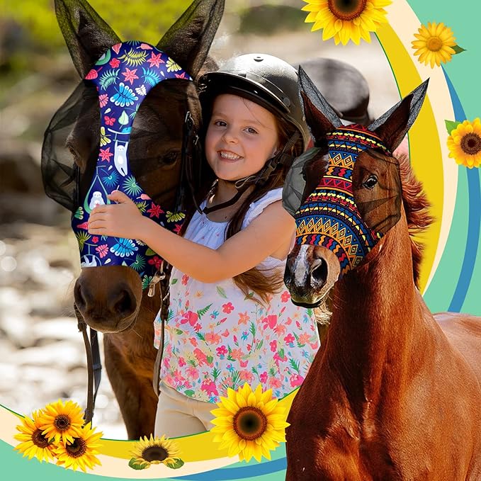 Qualirey12 Pieces Horse Fly Mask Bulk Comfortable Elasticity Mask for Horses with Ears Net UV Protection Breathable Horse Supplies Face Covering for Horse Pony and Foal (Geometric Patterns, Medium)