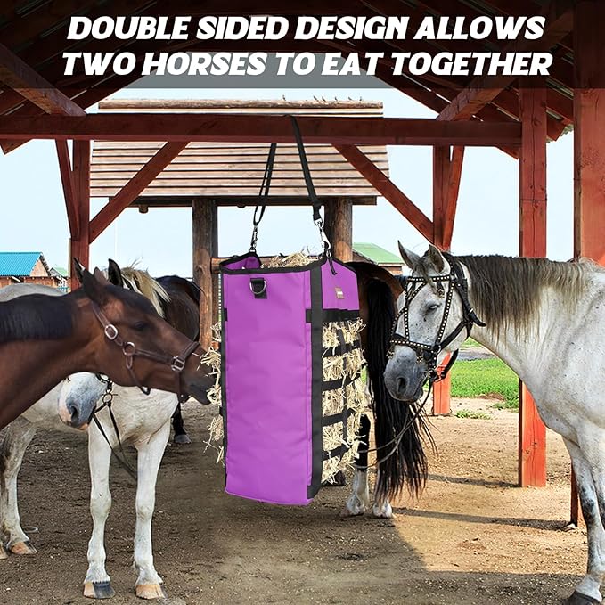 Innovative Hay Bags for Horses, Goat Hay Feeder with Reinforced Oxford Fabric and High Strength Metal Clasp,Horse Feeding Supplies with Adjustable Strap for Easy Hanging (2Purple+1Black)