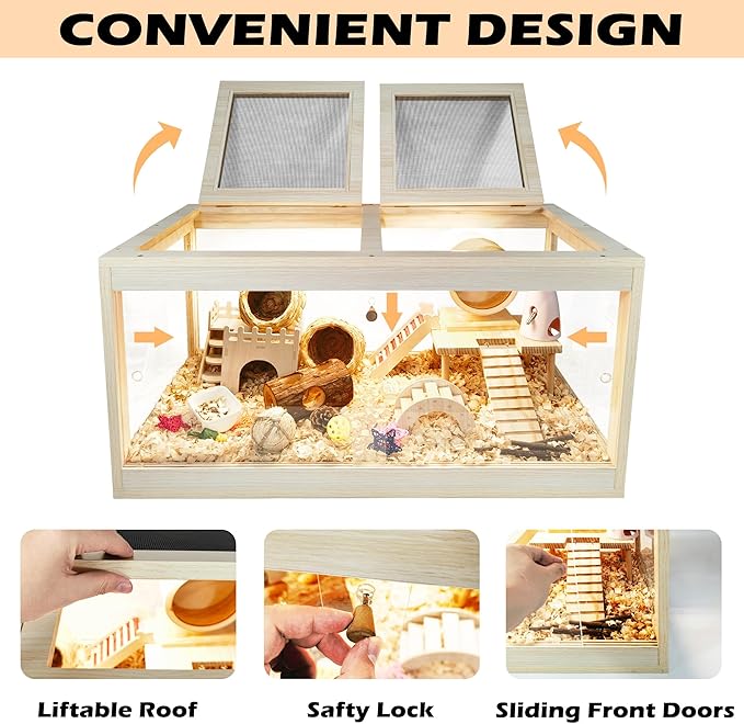 Hamster Cage Wooden, Mice and Rat Habitat, Hamster Cage with Openable Mesh Top, Clear Acrylic Solid Built with Lock Design, Oak 40"