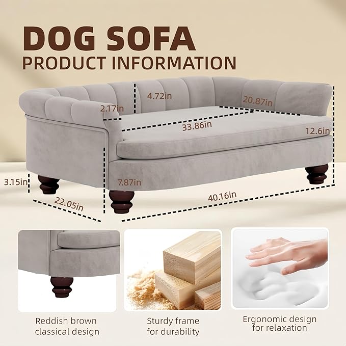Dog Couch Sofa Bed, Comfortable Pet Sofa for Large and Medium Dogs, Soft Velvet Cushion, Durable Pet Furniture for Living Room, Washable Dog Bed for Couch 40.16‘’ (Gray)