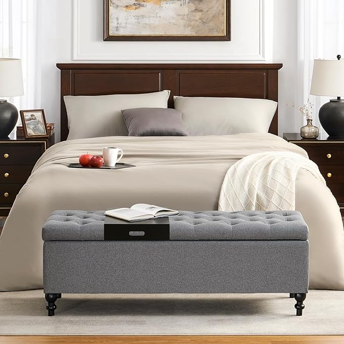 Ottoman with Storage,50.2-inch Upholstered End of Bed Storage Bench for Bedroom,for The Living Room,for Entryway, with Tray & Button and Safety Hinges,Detachable (Grey)