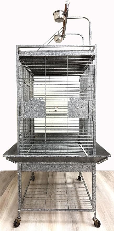 X-Large Elegant and Durable Wrought Iron Play Ground Perch Stand Top Climbing Ladder Bird Parrot Rolling Metal Cage with Around Seed Guard Storage Shelf On Heavy Duty Lockable Rolling Wheels