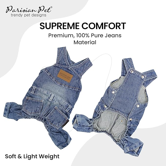 Parisian Pet Denim Overall - Blue Dog Jeans Outfit - Breathable Puppy Jumpsuit Costumes - Machine Washable Overall for Dogs - Dog Clothes for Small Dogs - S