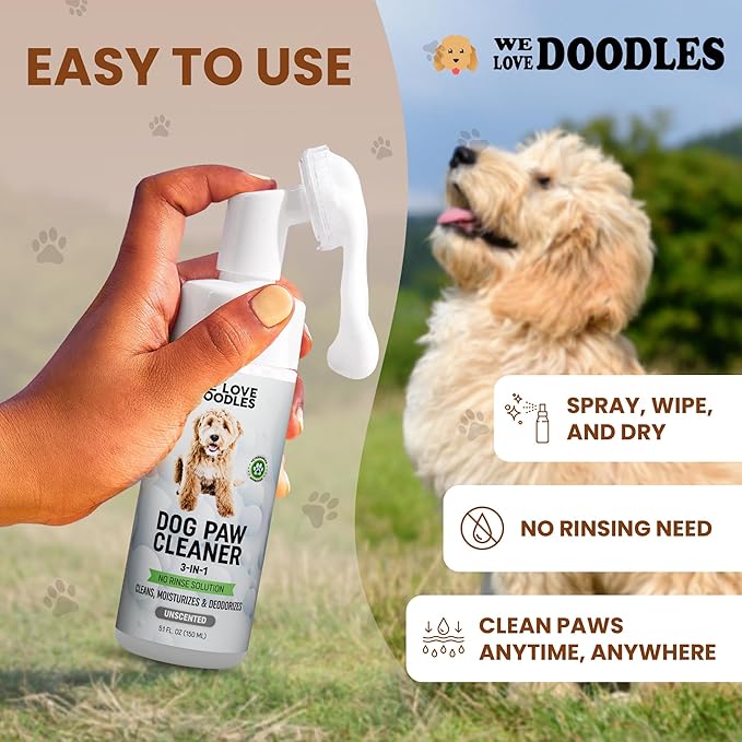 Dog Paw Cleaner (Over 100+ Feet Cleanings) No-Rinse Dog Foot Washer, Gentle and Safe Paw Cleaner for Dogs and Cats, Foam Formula, Moisturizes and Deodorizes, 150mL (Unscented) [We Love Doodles]