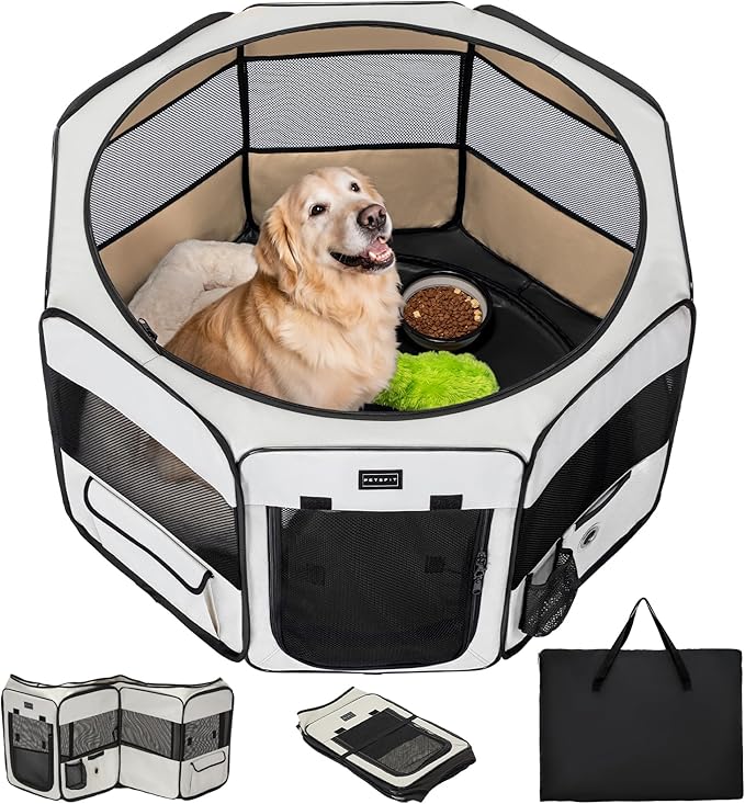 PETSFIT 45.5" Dog Playpen Indoor/Outdoor-Jump-Proof 28.5" Height with Removable Waterproof Mat & Zippered Roof | RV, Camping, Travel Dog Pen | Whelping & Cat Observation Space(45.5"L x 45.5"W x 28.5H)