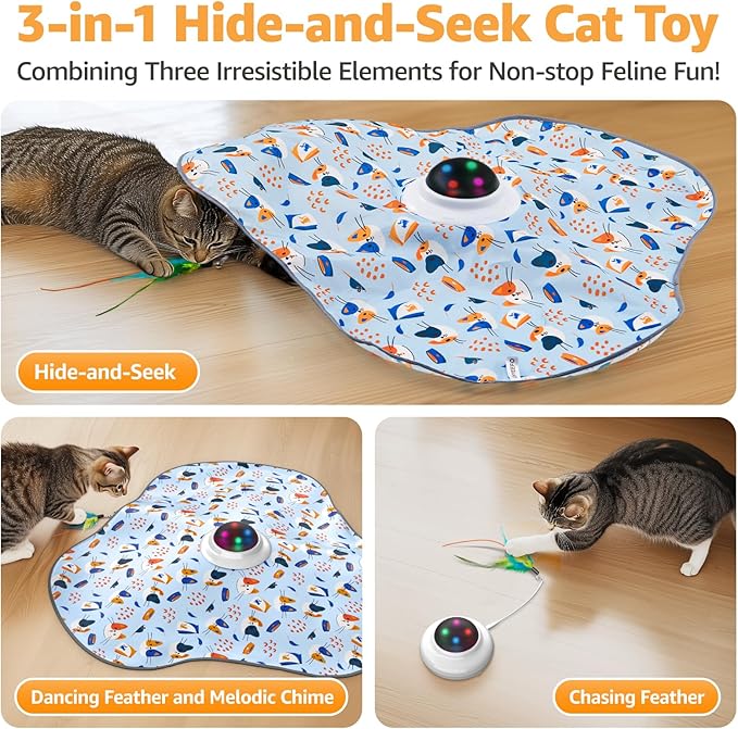 Interactive Cat Toys Rechargeable: Interactive Cats Toy with Chime - Automatic Cat Toys for Indoor Cats, Hide and Seek Toy with Motion, Moving Feather, USB,Blue