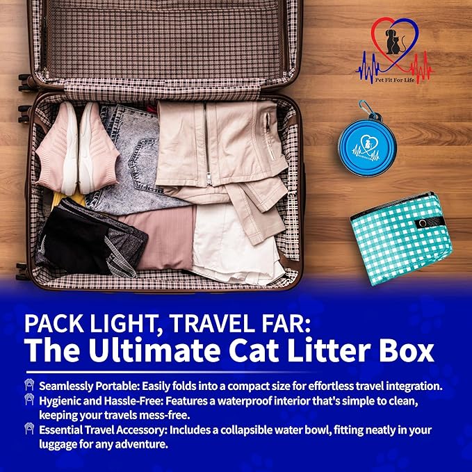 Pet Fit For Life - Vibrant Collapsible Travel Cat Litter Box - Portable, Foldable, Compact Design with Bonus Water Bowl - Ideal for Car & Camping - Reusable, Cats Safe - Teal, (16"x12"x5")
