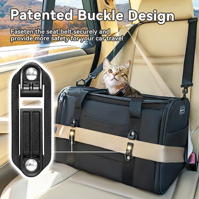 PETSFIT Soft-Sided Cat Carriers & Car Seats with Patent Safe Buckles, Clip-On Harness, 18"x11"x11" Airline Approved Pet Carrier - 9 lbs Capacity (Black)