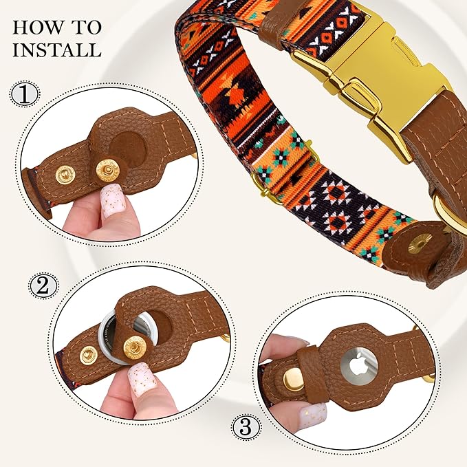 AirTag Dog Collar for Small Medium Large Breed - Adjustable Cute Pattern Dog Collar with Airtag Holder - Soft Leather Tracker GPS Apple Air Tag Pet Collars (Small, 12"-15" Neck Fit, Western)