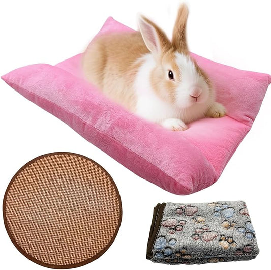 Hamiledyi 3PCS Rabbit Bed Mat 15.7x14 Inch Bunny Bed Soft Snuggle Pad Pillow Machine Washable Joint Support Guinea Pig Squirrel Hedgehog Ferret Kitten (Pink)