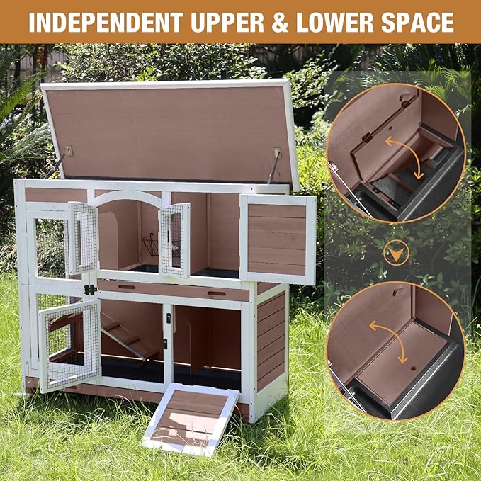 Rabbit Hutch Indoor Bunny Cage Outdoor with Casters, Guinea Pig Cage for Small Animals, Bunny Hutch with Two Plastic Trays 47inch