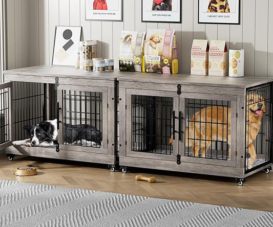Lulive Dog Crate Furniture Set of 2, Dog Kennel Indoor Double Doors Wooden Dog Cage, 38'' Heavy Duty Dog Crate with Cushion & Wheels, End Table Pet House Chew-Resistant Up to 70 lb, Grey