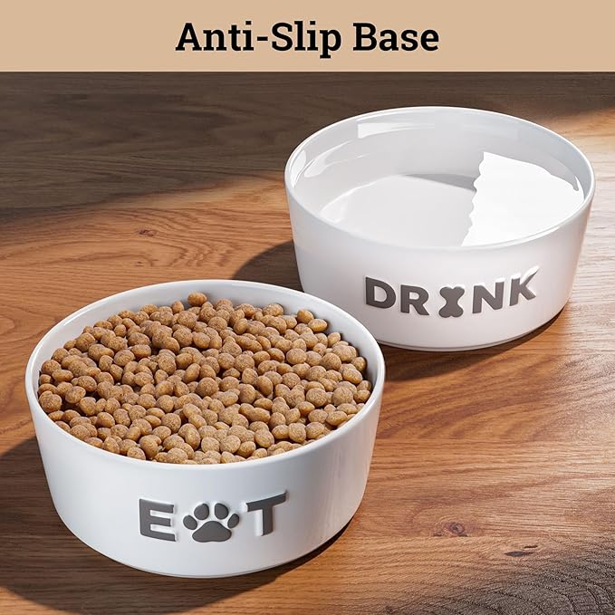 Ceramic Dog Bowl Set of 2 with Anti-Skid Base - 6.5" Wide x 2.5" Tall Ceramic Dog Bowls Medium Sized Dogs - 3.8 Cup Capacity Food and Water Bowls for Dogs - Rubber Bottom Pet Bowl Set of 2 Medium Size