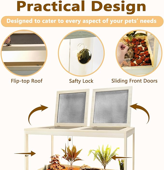 Reptile Terrarium Tank Up to 78 Gallon, Lizard Tank Bearded Dragon Tank with Metal Mesh Roof Door, Snake Tank with Lock Design (Oak, 27 Gallon Volume, 24 Inch Length)