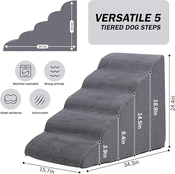 Dog Stairs&Steps for High Beds Up to 28'', 5-Step Dog Ramp for Small Medium Dogs with Washable Cover, Non-Slip Steps for Cats to Get on Couch and Sofa, Durable Foam Ladders, 24.4" Tall, Grey