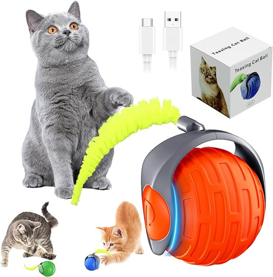 Cat Toys,Interactive Cat Toys Ball for Bored Indoor Cat,Automatic Rolling,Drop Resistant and Obstacle Avoidance,2 Modes Adjustment,Fluffy Tail and USB Type-C Rechargeable（Orange）