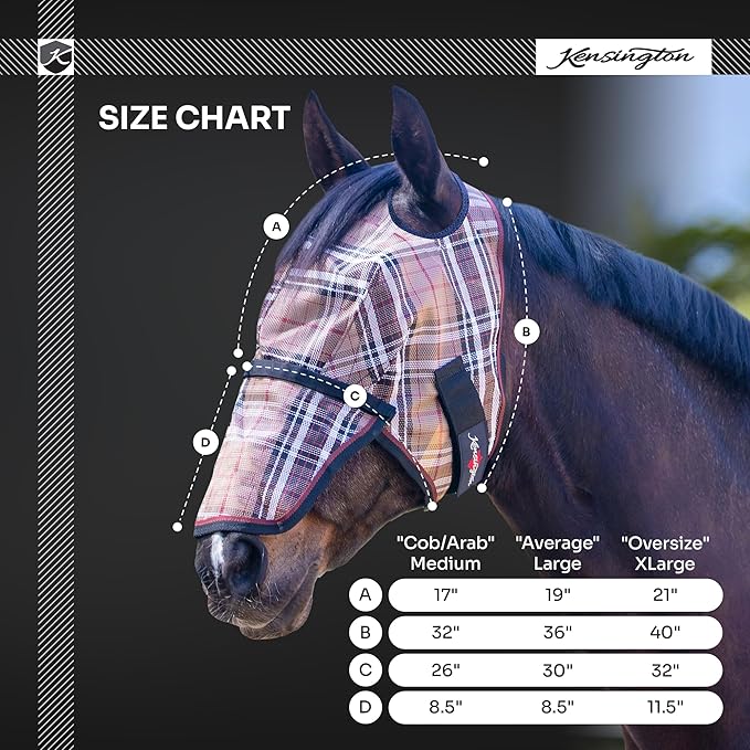 Kensington Signature Fly Mask with Removable Nose — Protects Horses Face and Nose from Biting Insects and UV Rays While Allowing Full Visibility — Ears and Forelock Able to Come Through The Mask