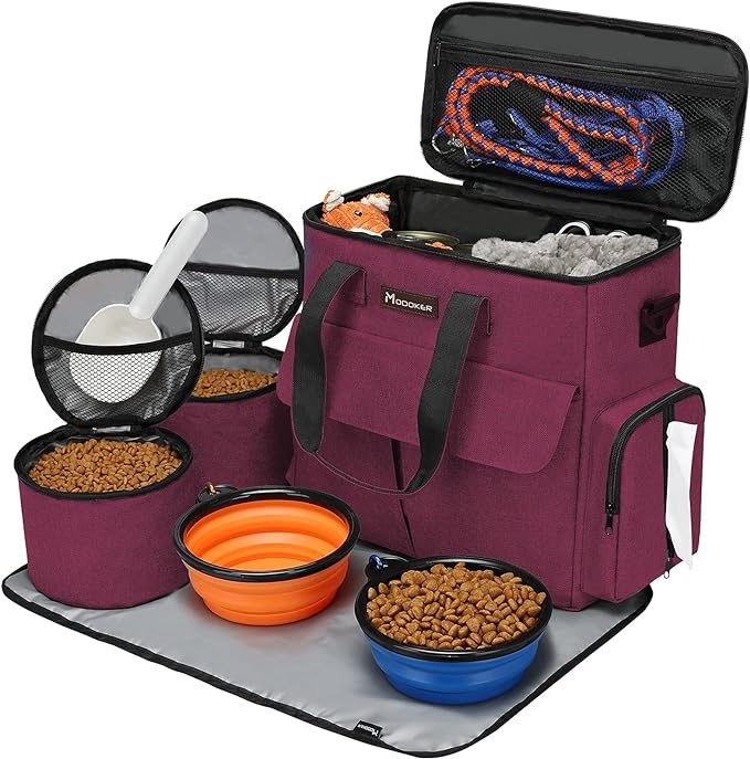 Airline Approved Pet Travel Bag, Weekend Travel Set for Dog and Cat, Airline Approved Tote Organizer with Multi-Function Pockets, 2 Dog Food Storage Containers, 2 Collapsible Bowls (Rose Red)