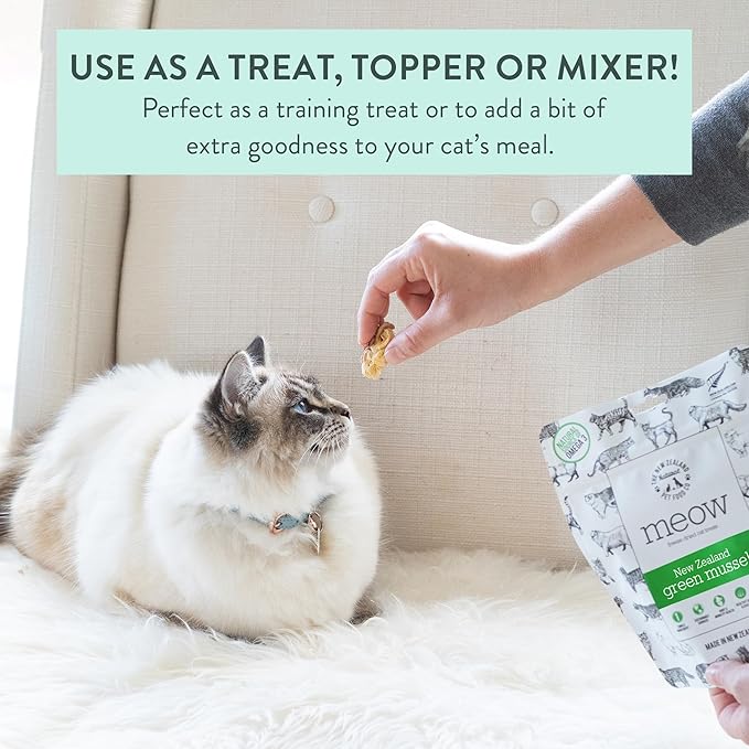 Meow Freeze Dried Cat Treats - New Zealand Green Mussel, High Protein, Healthy Cat Snacks and Toppers, All Natural for All Life Stages, 1.76 oz