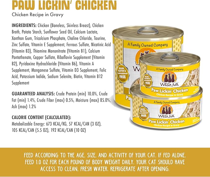 Weruva Classic Cat Food, Paw Lickin’ Chicken with Chicken Breast in Gravy, 3oz Can (Pack of 24)