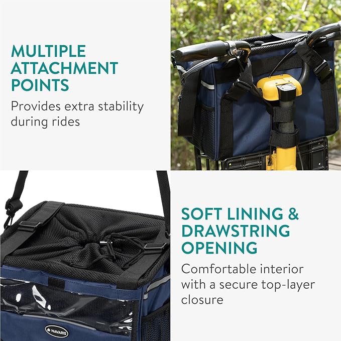 Navaris Pet Carrier for Bikes - Bike Basket Dog Carrier - Ideal Carriers for Small to Medium Dogs Up to 10kg (22lbs) - Drawstring Bag with Secure Locks and Strap - Blue