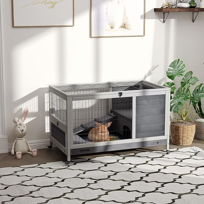 PawHut Wooden Rabbit Hutch Indoor Outdoor, Elevated Bunny Cage with No Leak Tray Enclosed Run with Wheels, Ideal for Guinea Pigs and Small Animals, Gray
