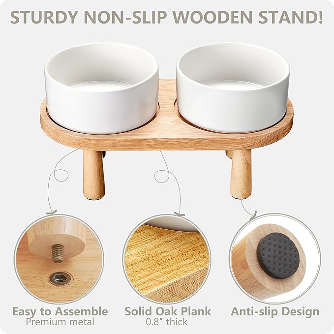 Ceramic Elevated Dog Bowls, Pet Food and Water Bowl Set for Large Dogs, 7.5 Cups Dog Bowls Raised with Wood Stand, 61OZ, White