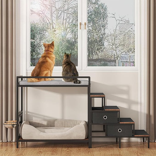 Dog Window Perch with 360° & Adjustable Raised Feeder, Pet Bunk Bed with Removable Stair and 2 Drawers, Elevated Platform Bed, Pet Elevated Seat with Cushion, Paw-Friendly Ladder
