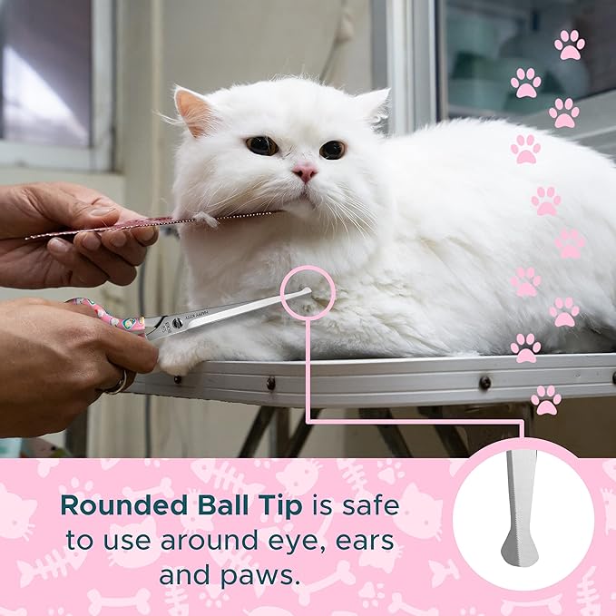 Kenchii Happy Kitty Ball Tip Shears Trimming Scissors for Cats | Pet Grooming Kitten Essentials | Stainless Steel Safety Blunt Tip Scissors | 6.5 In