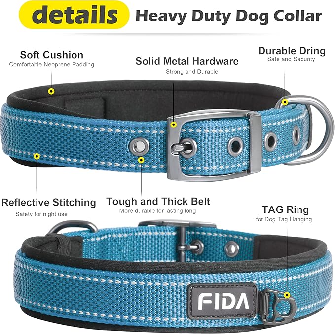 Fida Heavy Duty Dog Collar, Ultra Comfortable Soft Neoprene Padded, Adjustable Reflective Nylon Pet Collar with Durable Metal Belt Buckle for Large Breeds (L, Blue)