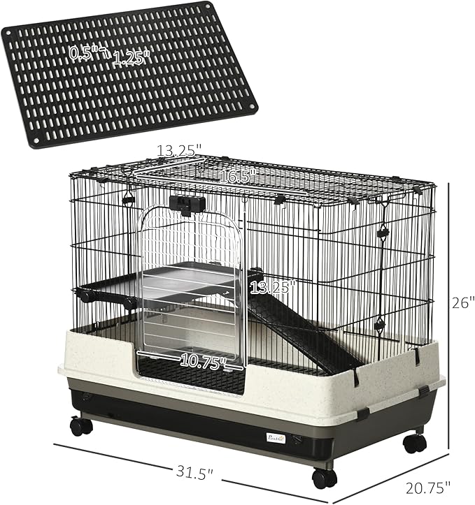 PawHut 26" Small Animal Cage with Wheels, 2-Level Portable Bunny Cage, Chinchilla Ferret Cage with Removable Tray, Platform and Ramp