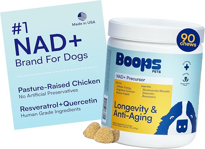 NAD+ Precursor & Senior Dog Supplement - 90 Soft Chews & Vitamins - NMN Alternative for Longevity, Anti-Aging & Energy - Nicotinamide Riboside, Resveratrol, Quercetin, Made with Pasture-Raised Chicken