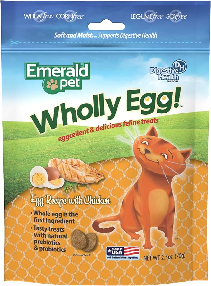Emerald Pet Wholly Egg Digestive Health Cat Treats - Soft and Moist cat Treats for Healthy Digestion - Natural Prebiotics and Probiotics for cat Digestion - Chicken Treats, 2.5 oz