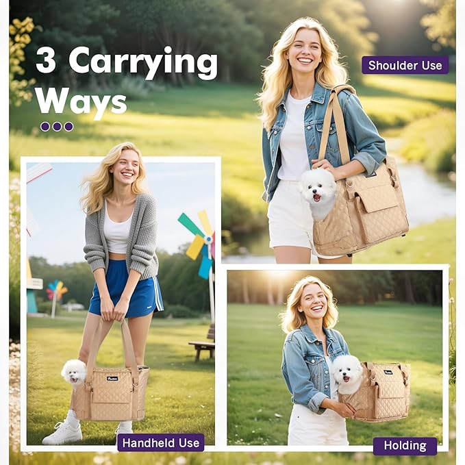 Pawaboo Dog Purse Carrier for Small Dogs with Pocket, Lightweight Dogs and Puppies Tote Bag Carrier, Dog Carriers Soft Sided for Puppy Cat Rabbit, Shopping Travel Puppy Carriers Under 11 LBS, Khaki