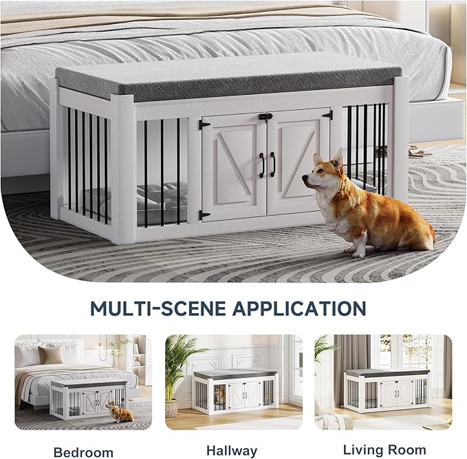 Dog Crate Furniture with Padded Seat, Luxury Wooden Dog Kennel, End of Bed Bench Ottoman with Removable Cushion for Bedroom, Living Roome, White