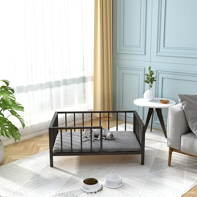 Dog Bed with Rails - Elevated Pet Metal Bed Frame with Solid Wood Board and Washable Soft Mat for Medium Dog Indoor or Outdoor Use, 25.2" x 37.8", Black