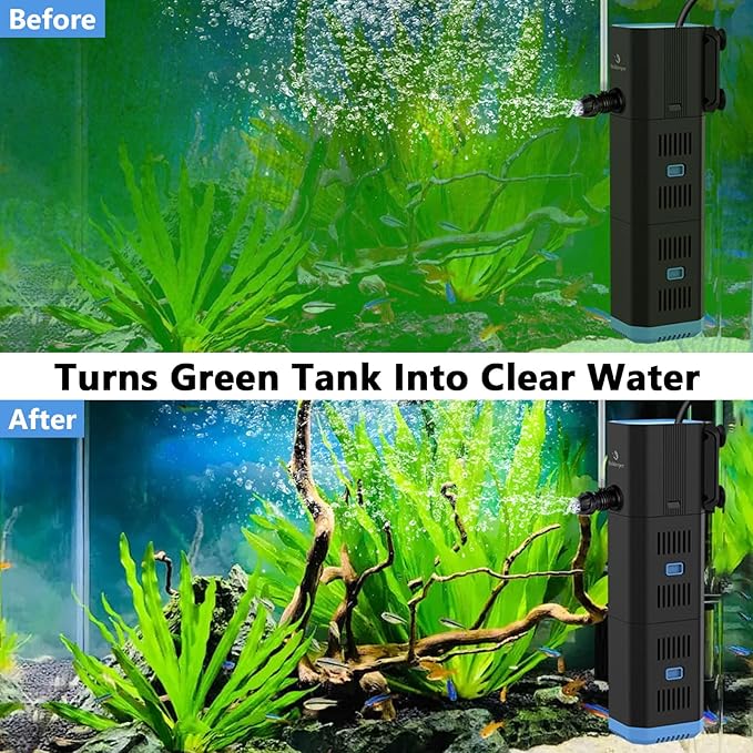 Aquarium Filter for 10-50 Gallon Tank,132GPH Fish Tank Filter 6W Green Clean Machine Submersible Pump Filter for Green Water and Algae Clean,Submersible Internal Filter for Saltwater Freshwater