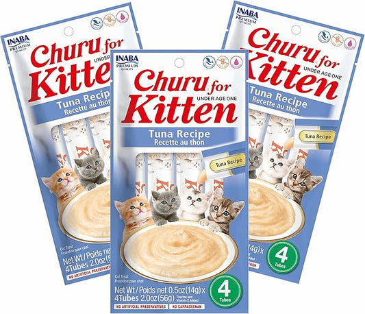INABA Churu for Kittens, Grain-Free Creamy, Purée Lickable Cat Treats with DHA, EPA, Vitamin E & Taurine, 0.5 Ounces Each, 12 Tubes (4 per Pack), Tuna Recipe