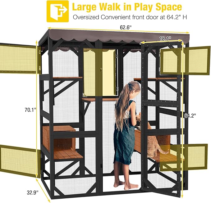Aivituvin Catio Outdoor Cat Enclosure Large Cat House for Mulitiple Cats Walk in Kitty Cage with Tarp Roof 70" Black