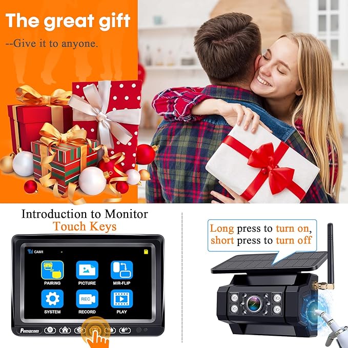 RV Backup Camera with Solar Magnetic: Long Distance No Signal Delay, 7 Inch Touch Key Monitor with Recording, HD 1080P Wireless Backup Camera for Trailer, 5th Wheel, Camper