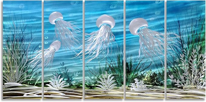 SYGALLERIER Coastal Metal Wall Art Handcrafted 3D Jelly Fish Aluminum Artwork Modern Sea World Pictures Contemporary Abstract Sculpture for Living Room Bedroom Bathroom Decor