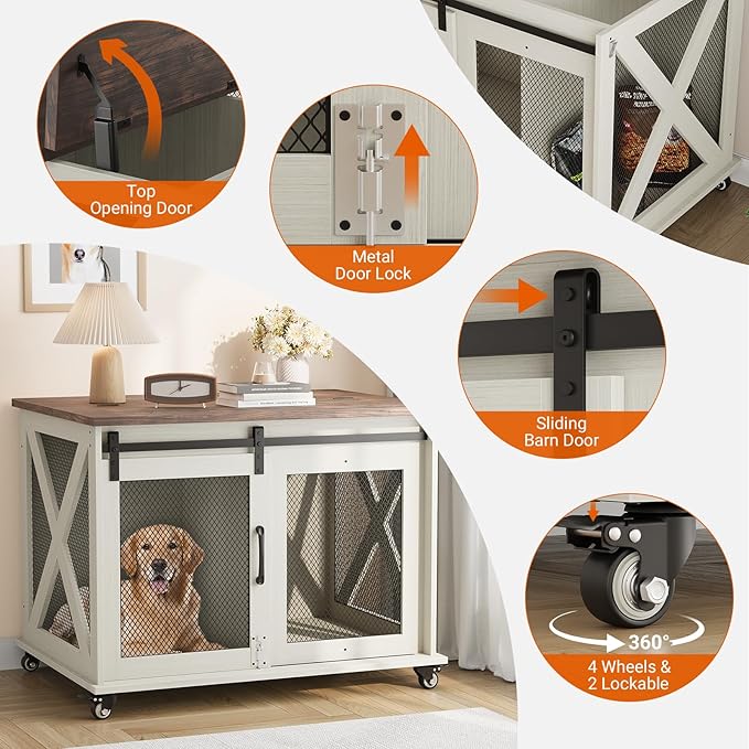 Dog Crate Furniture,37 Inch Indoor Dog Cage with Sliding Barn Door, Flip Top Dog Kennel End Table with Removable Divider, Farmhouse Wooden Pet House for Small to Middle Size Dogs