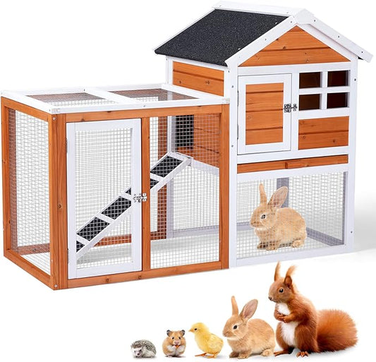 Outvita Rabbit Hutch, Small Wood Chicken Coop, 48" Guinea Pig Cage w/Pull-Out Tray, Waterproof Asphalt Roof, Chicken Run, Interactive Door for Small Animal Pen Outdoor