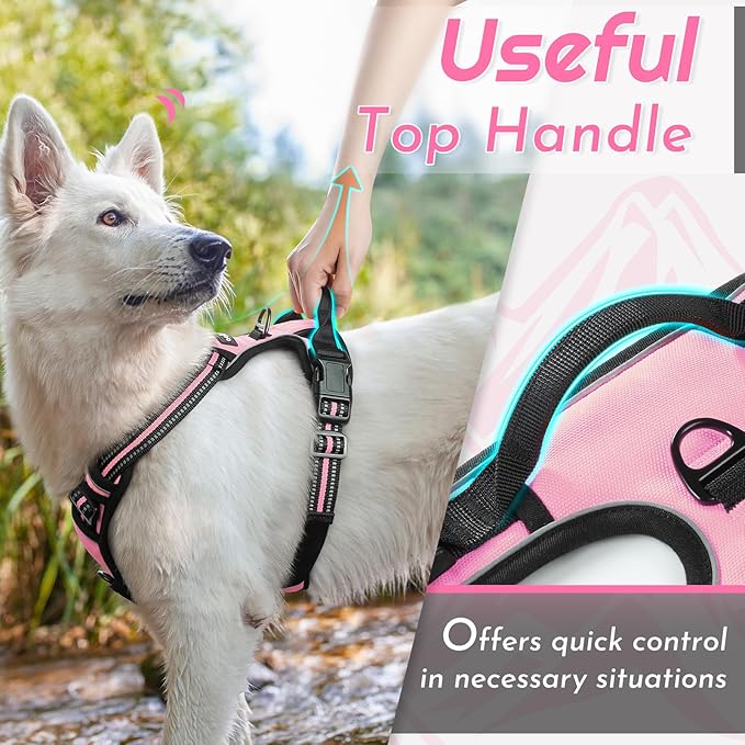 Eagloo Dog Harness Large Breed, No Pull Service Vest with Reflective Strips and Control Handle, Adjustable and Comfortable for Easy Walking, No Choke Pet Harness with 2 Metal Rings, Pink, XL